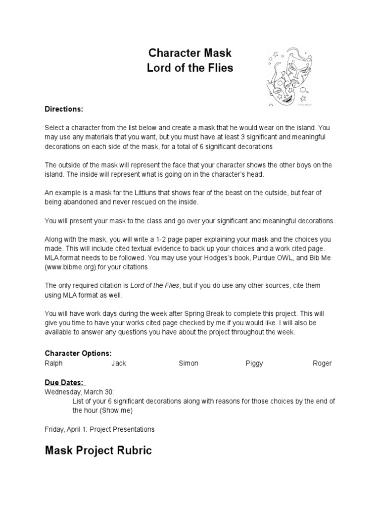 Character Mask Project for Lord of the Flies | PDF