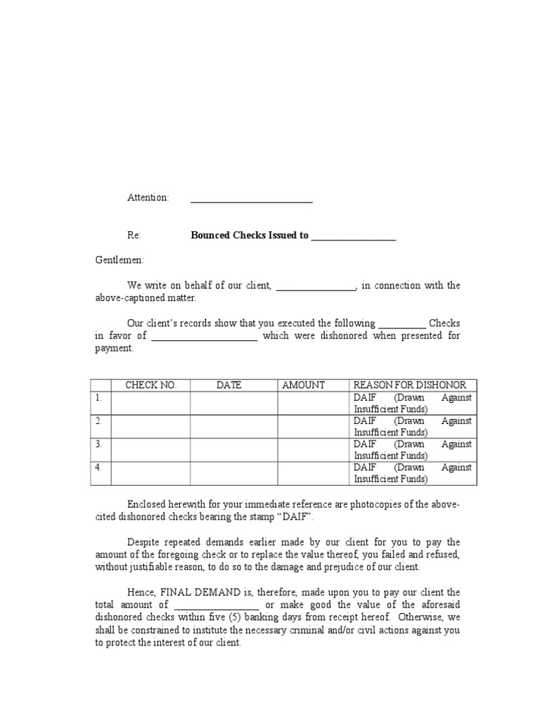 Final Demand for Bounced Checks | PDF