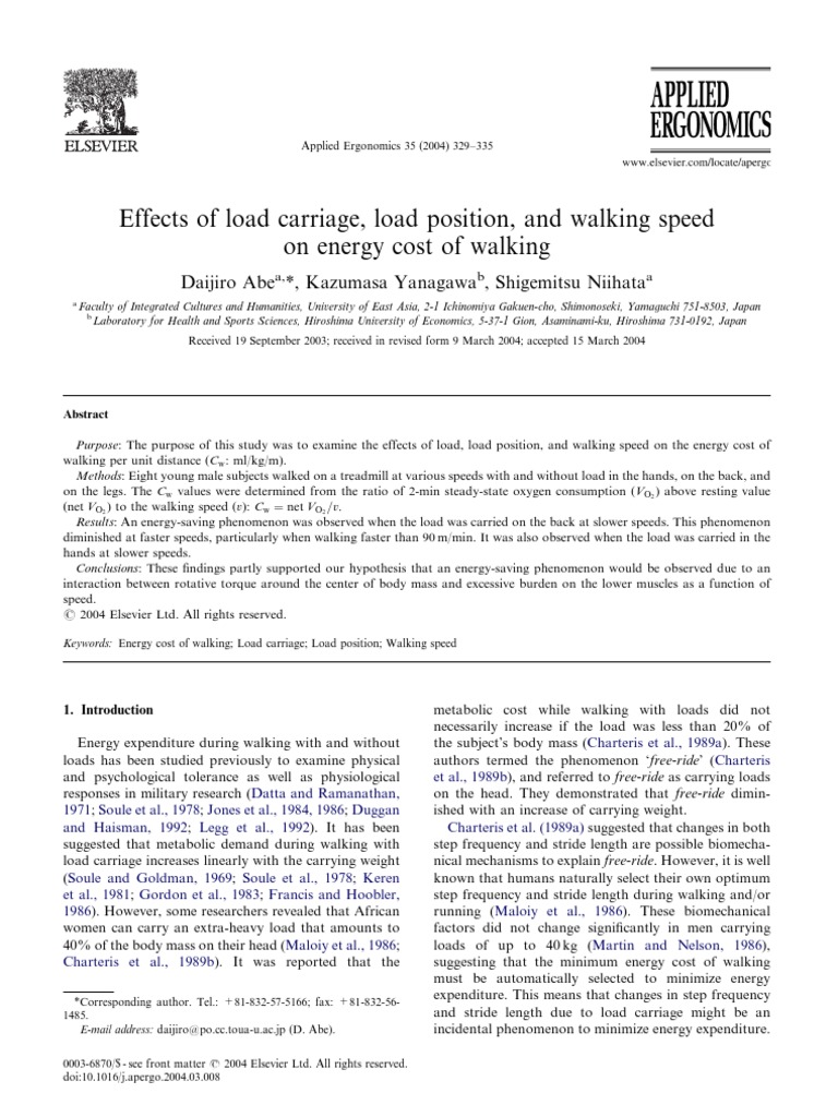 Effects of Load Carriage, Load Position, and Walking Speed On Energy ...