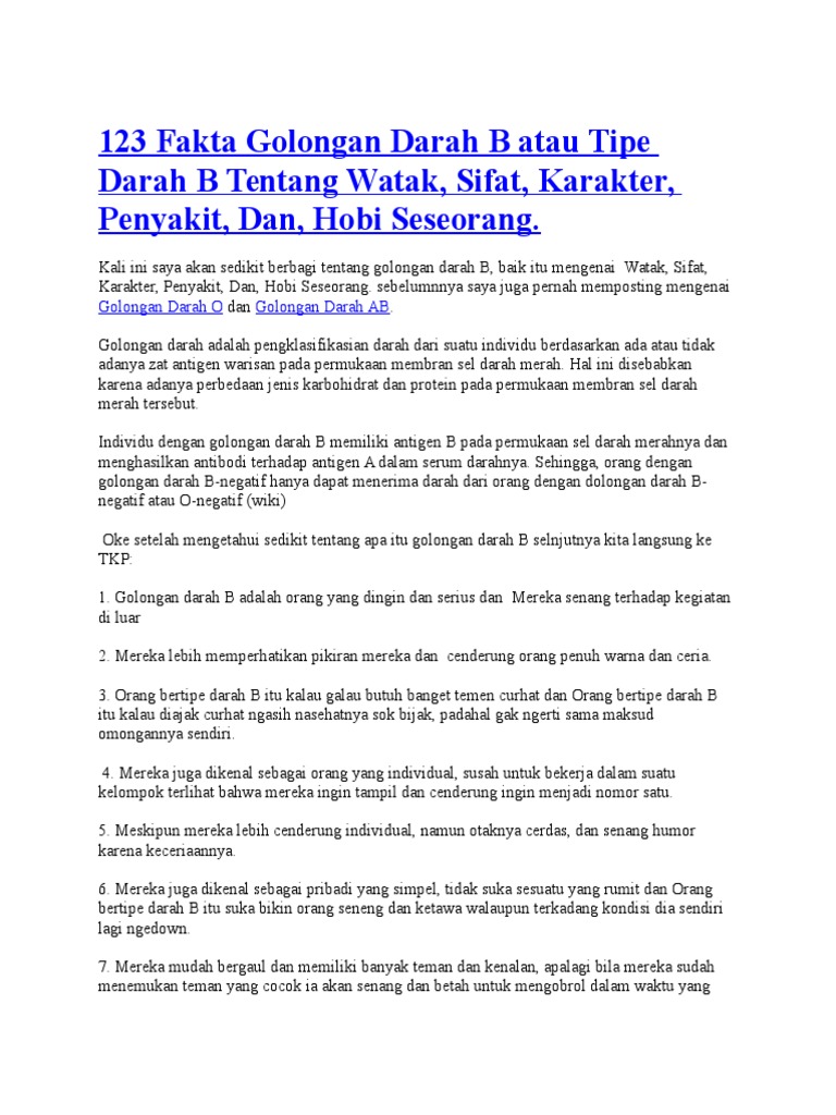 123 Fakta Golongan Darah B Atau Tipe Darah B Tentang Watak Pdf