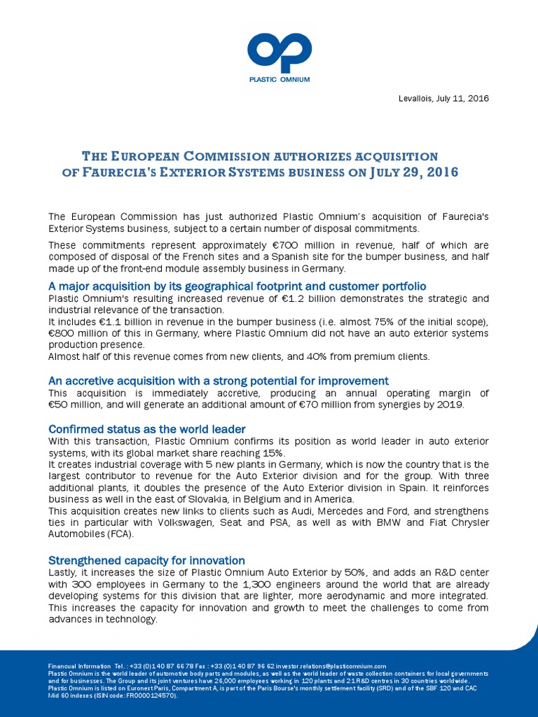 Plastic Omnium Mergers And Acquisitions Euro