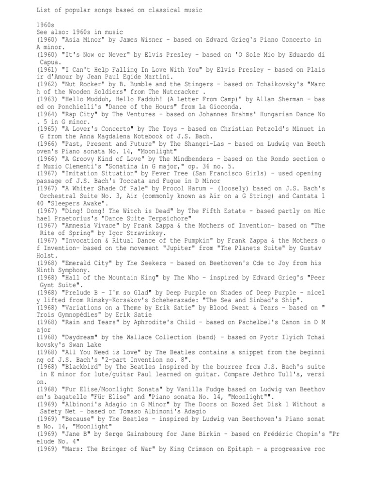 List of Popular Songs Based On Classical Music PDF Pachelbel's