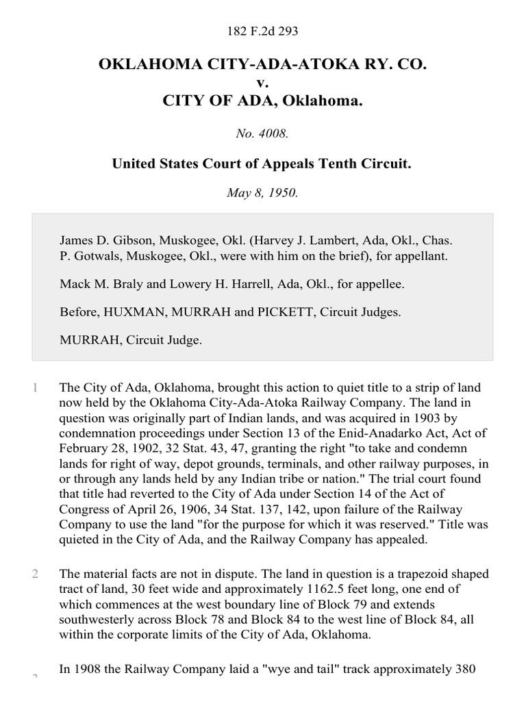 Oklahoma CityAdaAtoka Ry. Co. v. City of Ada, Oklahoma, 182 F.2d 293
