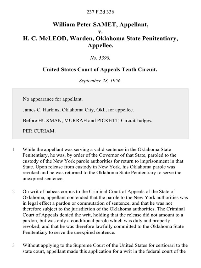 William Peter Samet v. H. C. McLeod Warden, Oklahoma State Penitentiary ...