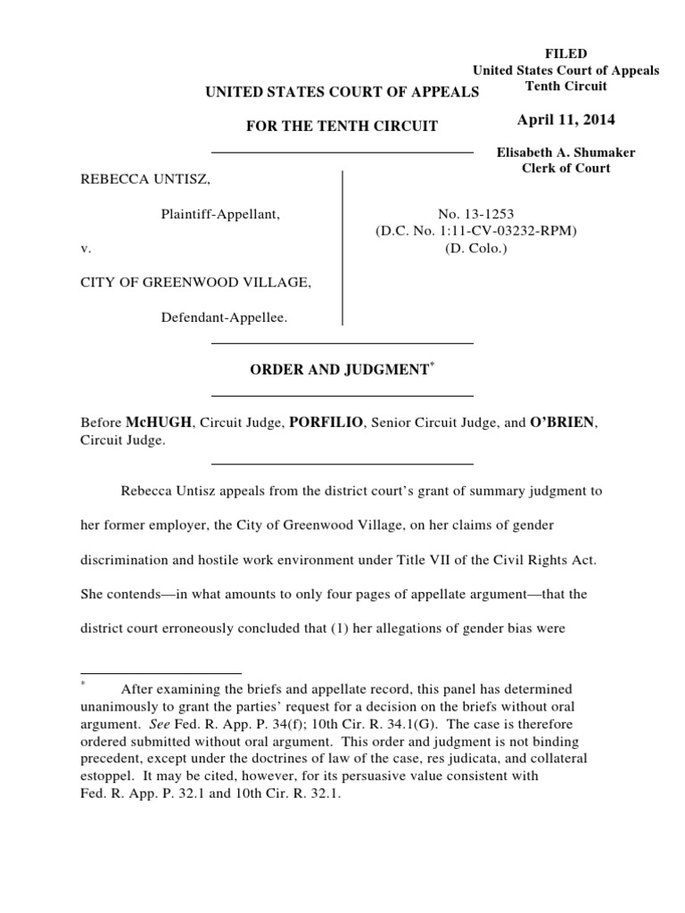 Untisz v. City of Greenwood Village, 10th Cir. (2014) PDF Summary