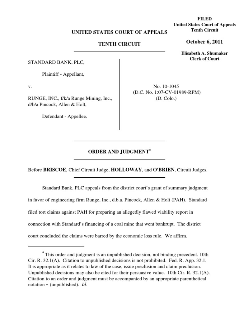 Standard Bank, Plc v. Runge, Inc., 10th Cir. (2011) Negligence Tort