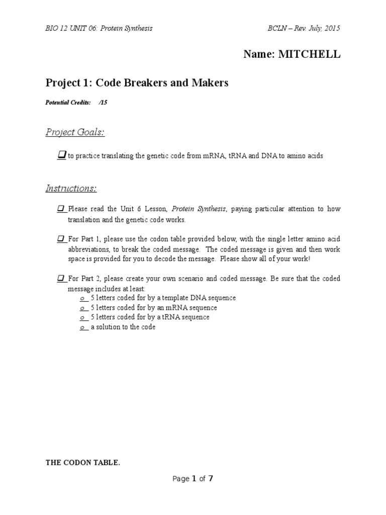 Protein Synthesis Code Project | PDF | Genetic Code | Biosynthesis