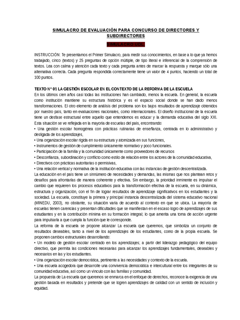 Simulacro de Evaluación para Concurso de Directores y Subdirectores | PDF |  Liderazgo | Riesgo