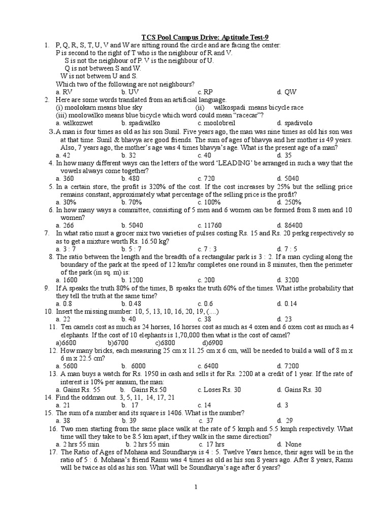 Tcs recruitment previous year pattern questions set 9 pdf business