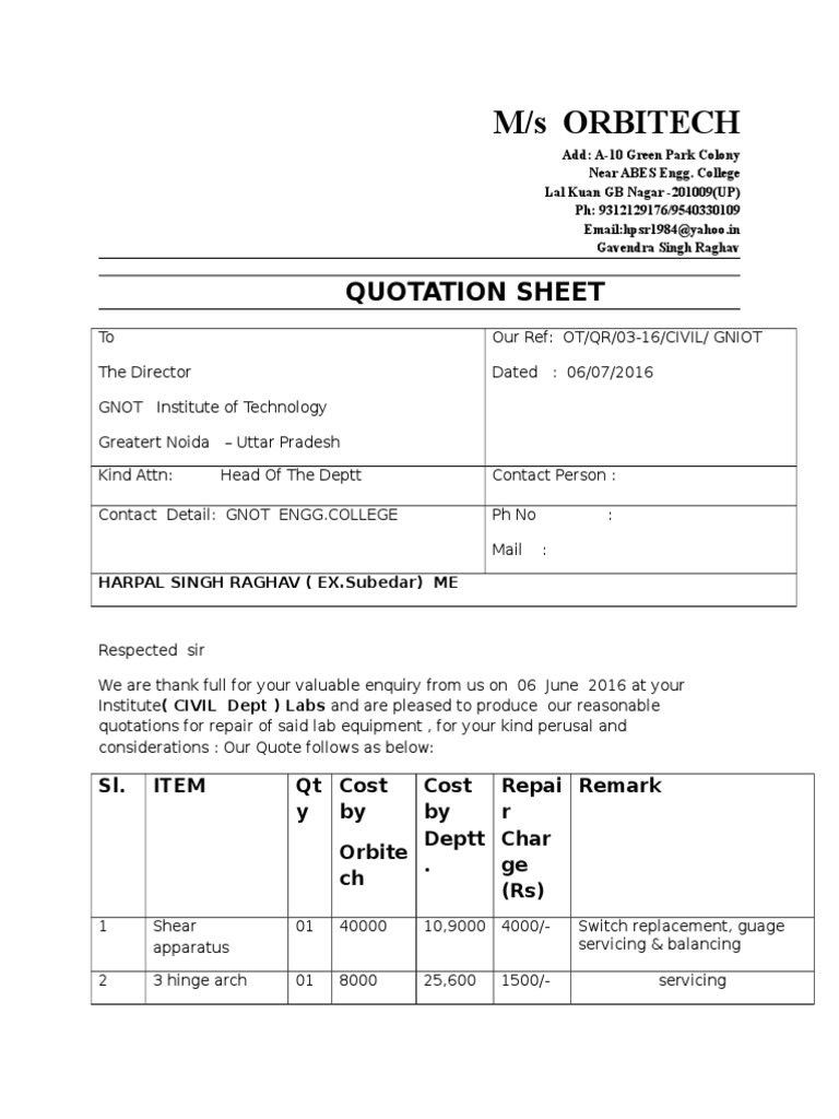 M/S Orbitech: Quotation Sheet | PDF | Computers | Technology & Engineering