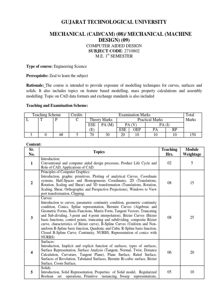 ME 1 GTU CAD/CAM SYLLABUS Computer Aided Design Geometry