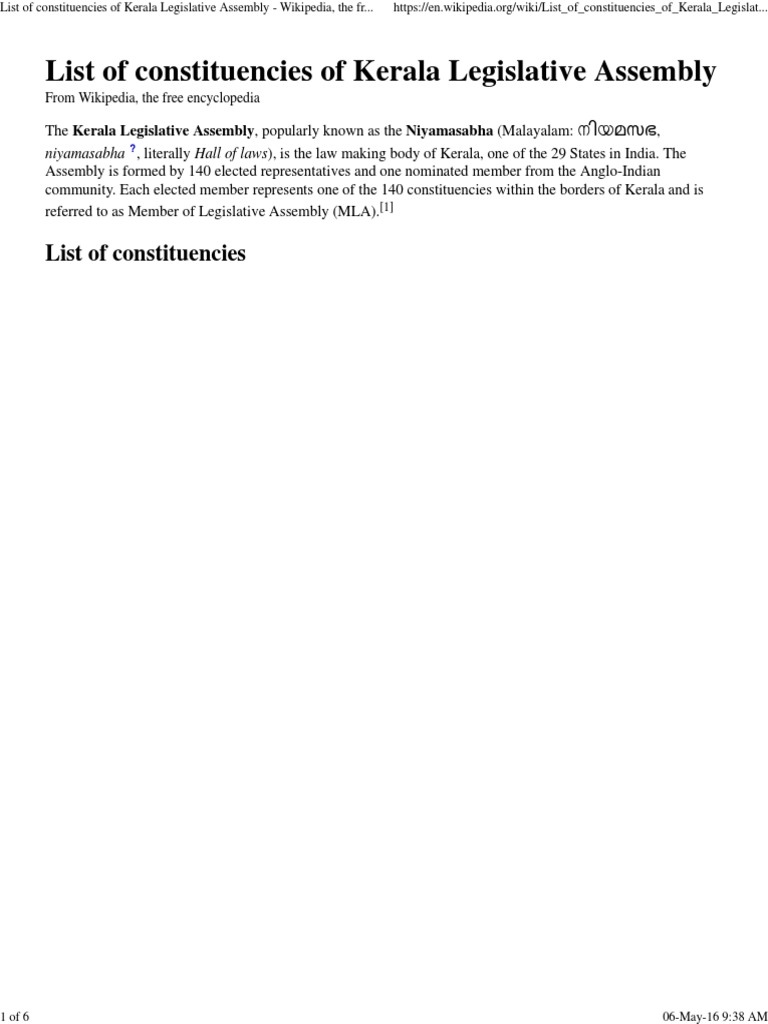 List of Constituencies of Kerala Legislative Assembly Wikipedia, The