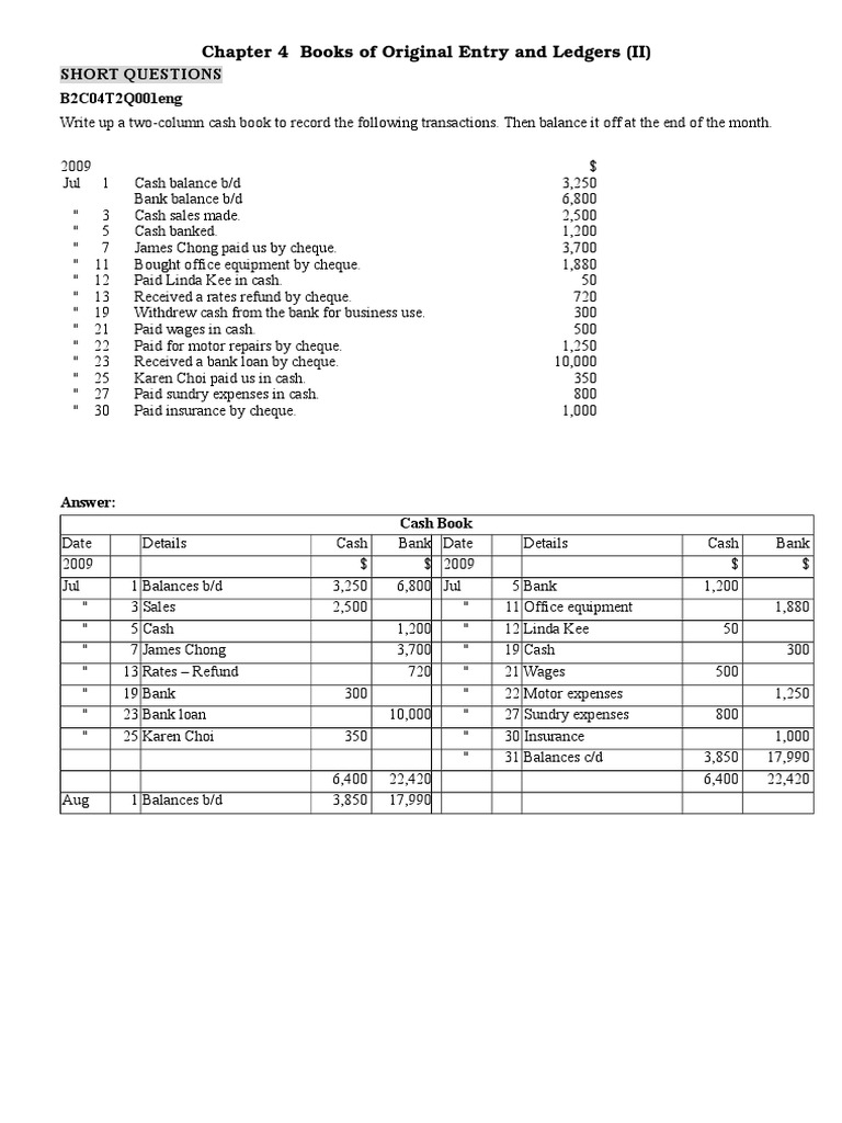 Cash Books Questions Bookkeeping Cheque