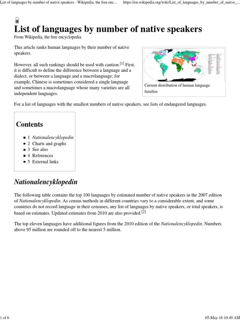 List of Languages by Number of Native Speakers Wikipedia, The Free