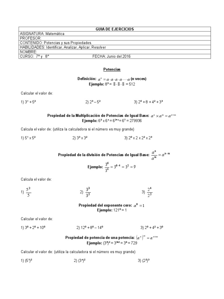 Guia Septimo Potencias Pdf Exponenciación Multiplicación