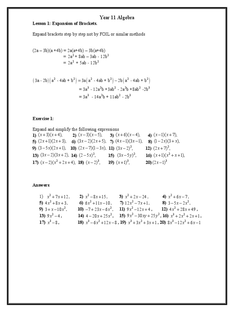 Algebra 1 Expansion Of Brackets Pdf