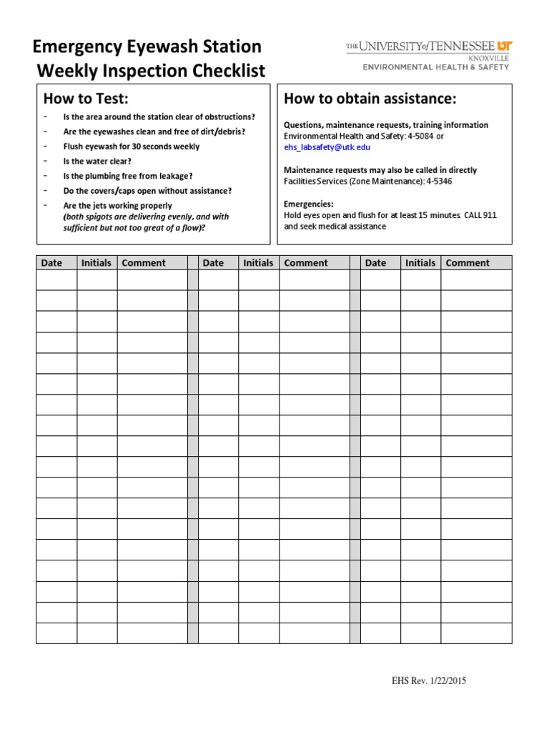 Emergency Eyewash Station Weekly Inspection Checklist: How to Test: How to obtain assistance