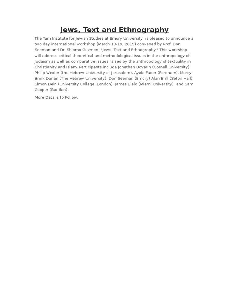 Jews, Text, and Ethnography Workshop | PDF | Middle Eastern People ...