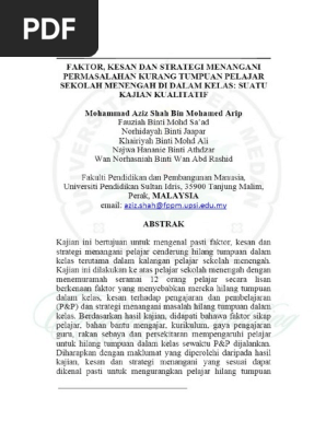 Faktor Kesan Dan Strategi Menangani Permasalahan Kurang Tumpuan Pelajar Sekolah Menengah Di Dalam Kelas Suatu Kajian Kualitatif Pdf