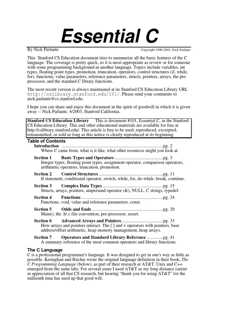 Essential C | PDF | C (Programming Language) | Pointer (Computer ...