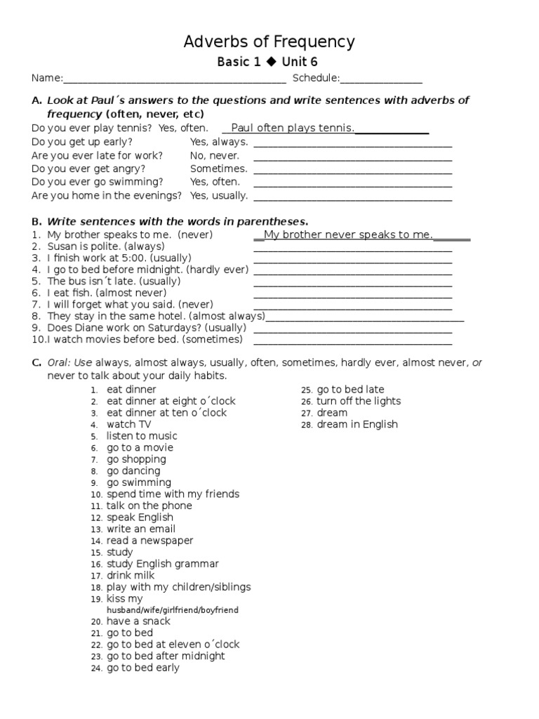 Adverbs of Frequency Practice | PDF | Language Arts & Discipline
