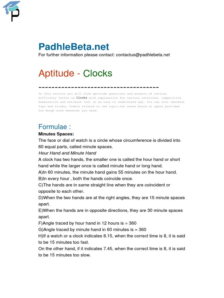 Clock Aptitude Questions and Solutions | PDF | Hour | Clock