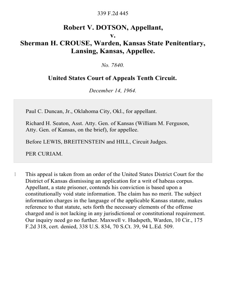 Robert v. Dotson v. Sherman H. Crouse, Warden, Kansas State ...