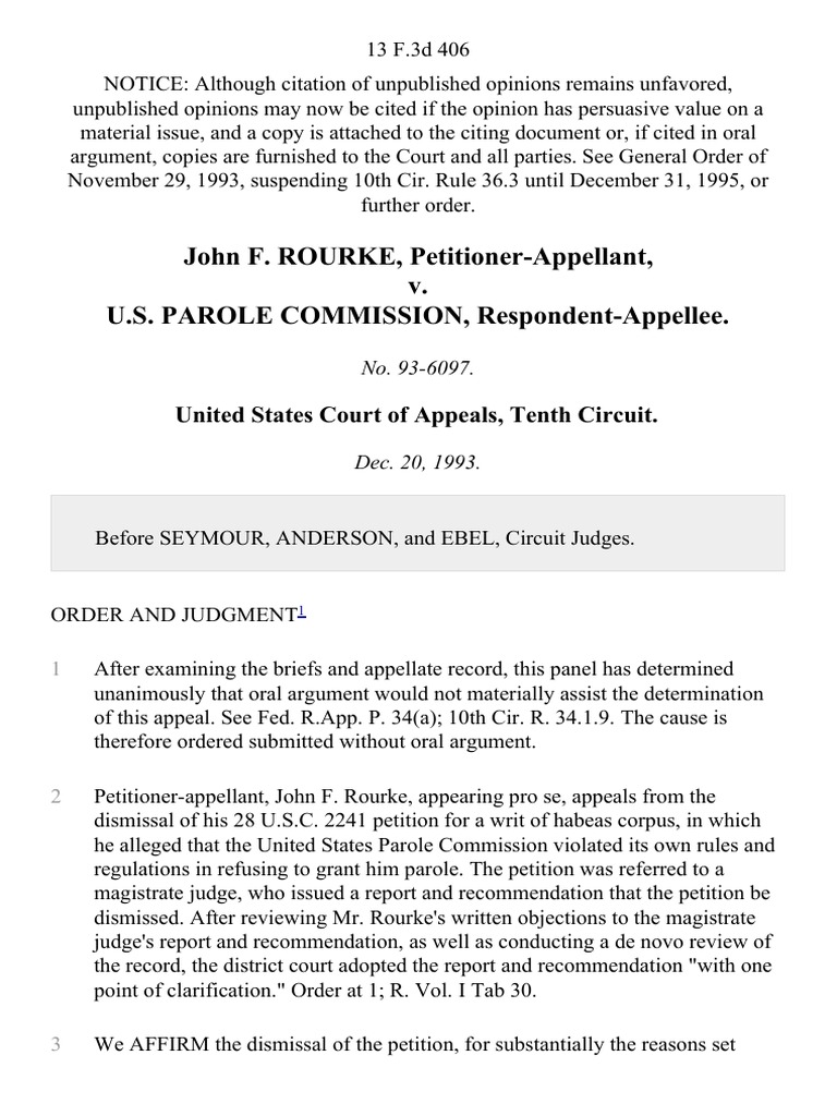John F. Rourke v. U.S. Parole Commission, 13 F.3d 406, 10th Cir. (1993 ...