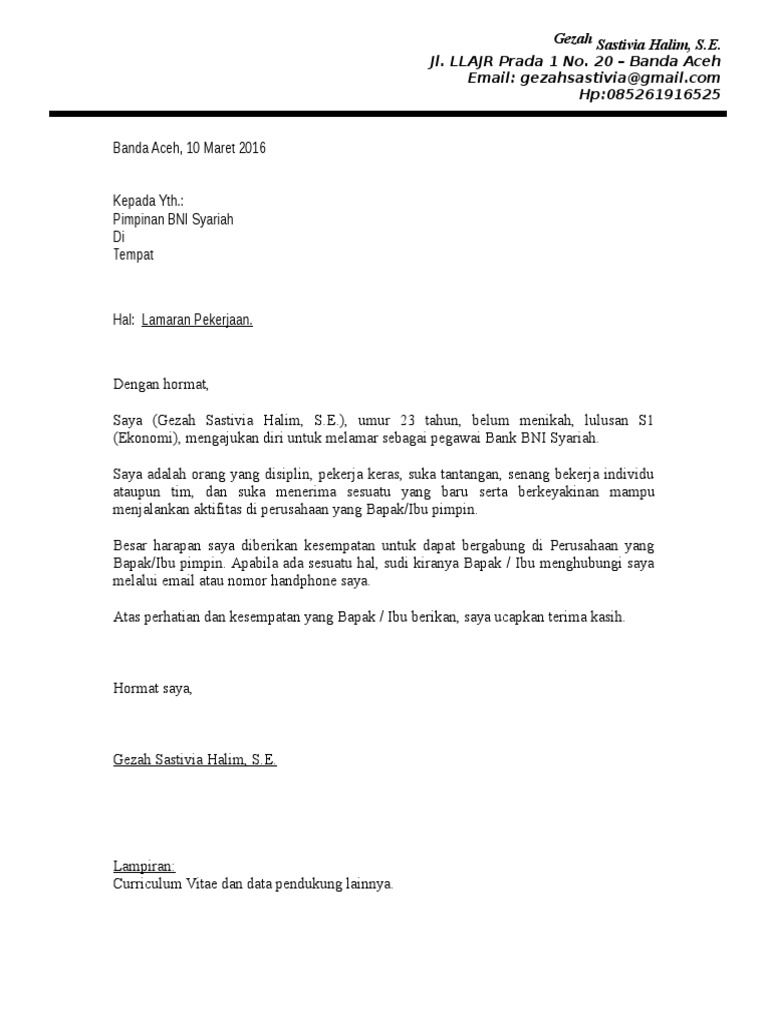 Contoh Surat Lamaran Kerja Bank Bni Syariah