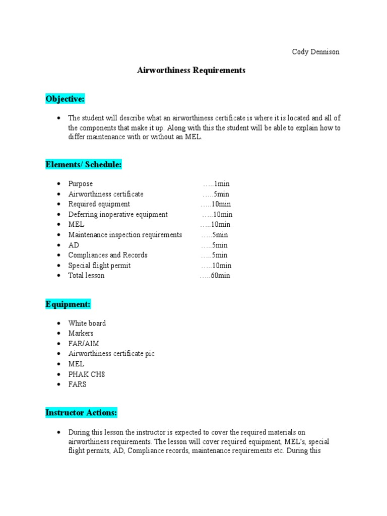 Cfi Lesson Plan Airworthiness Requirments Flight Instructor Aviation