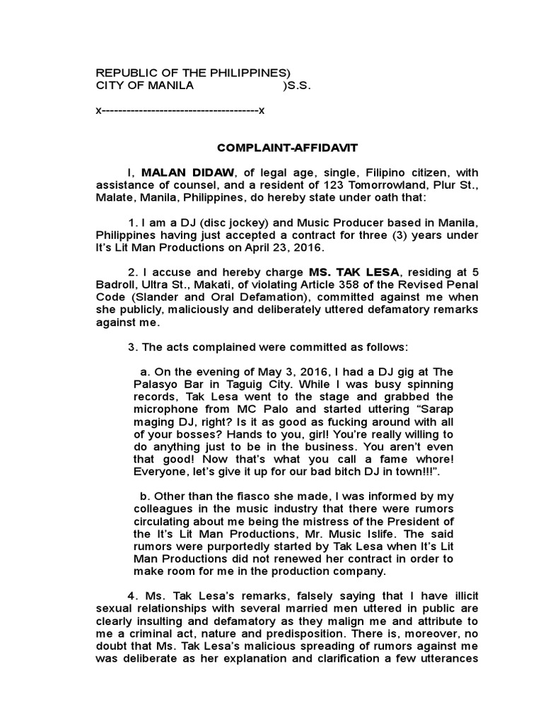 Complaint Affidavit Oral Defamation PDF Defamation Justice