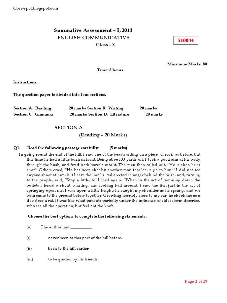Class X English Communicative Exam 2013 | PDF | Language Arts & Discipline
