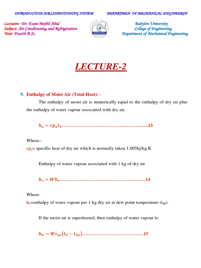 Enthalpy of Moist Air (Total Heat) Dry Bulb Temperature Evaporation Heat