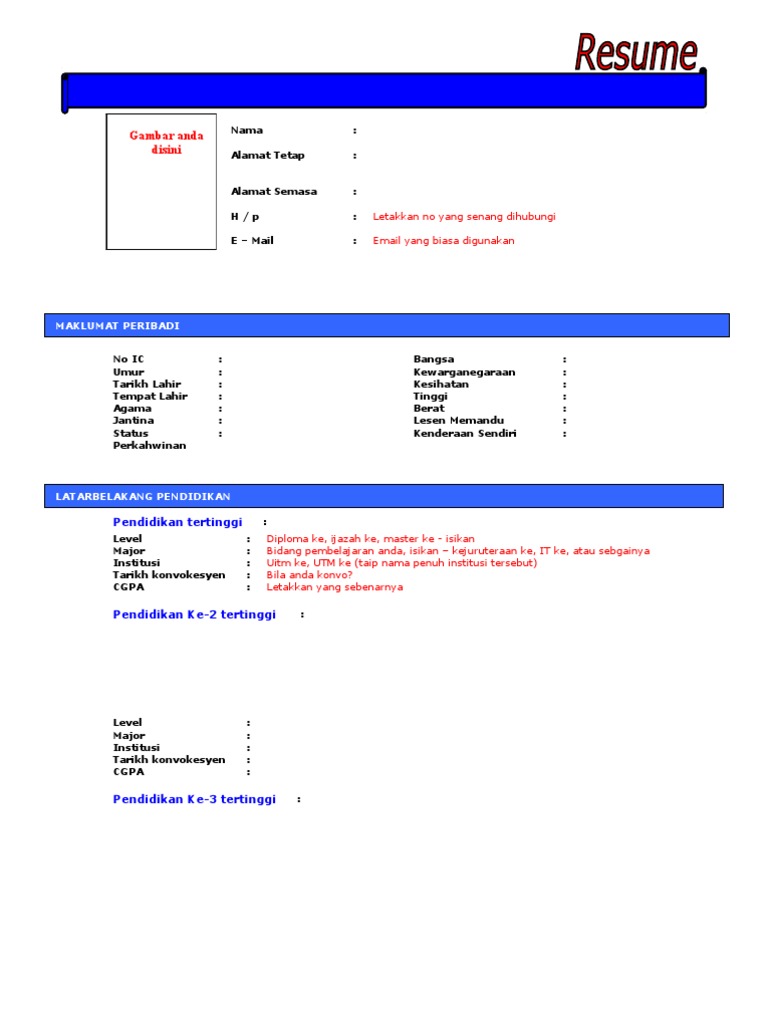 Bahasa Melayu Contoh Resume Terbaik Pdf Contoh Cv Menarik