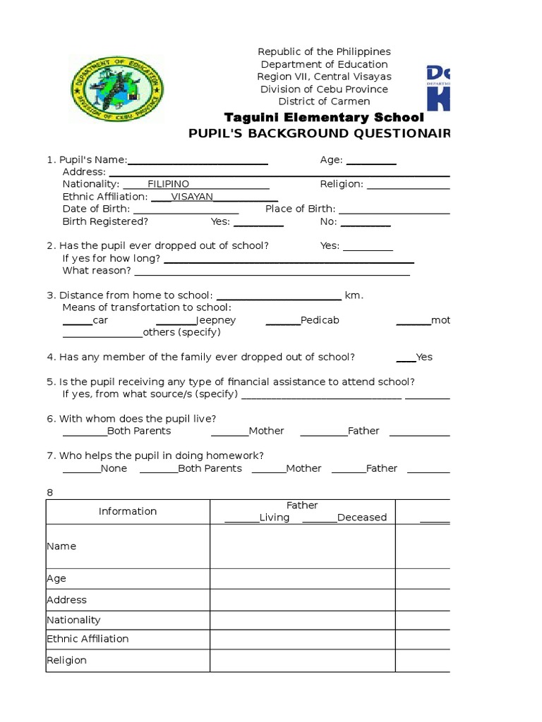 Pupil'S Background Questionaire: Taguini Elementary School | PDF