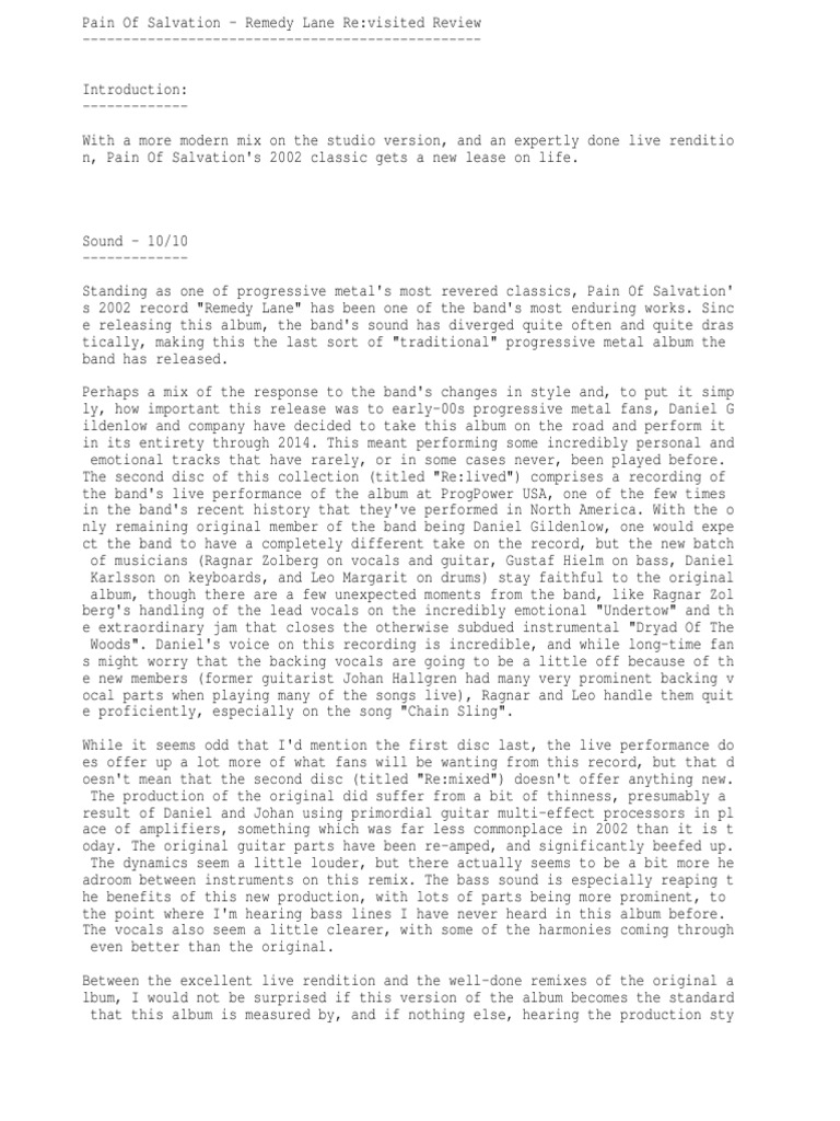 Pain of Salvation Remedy Lane Revisited Review PDF Performing Arts