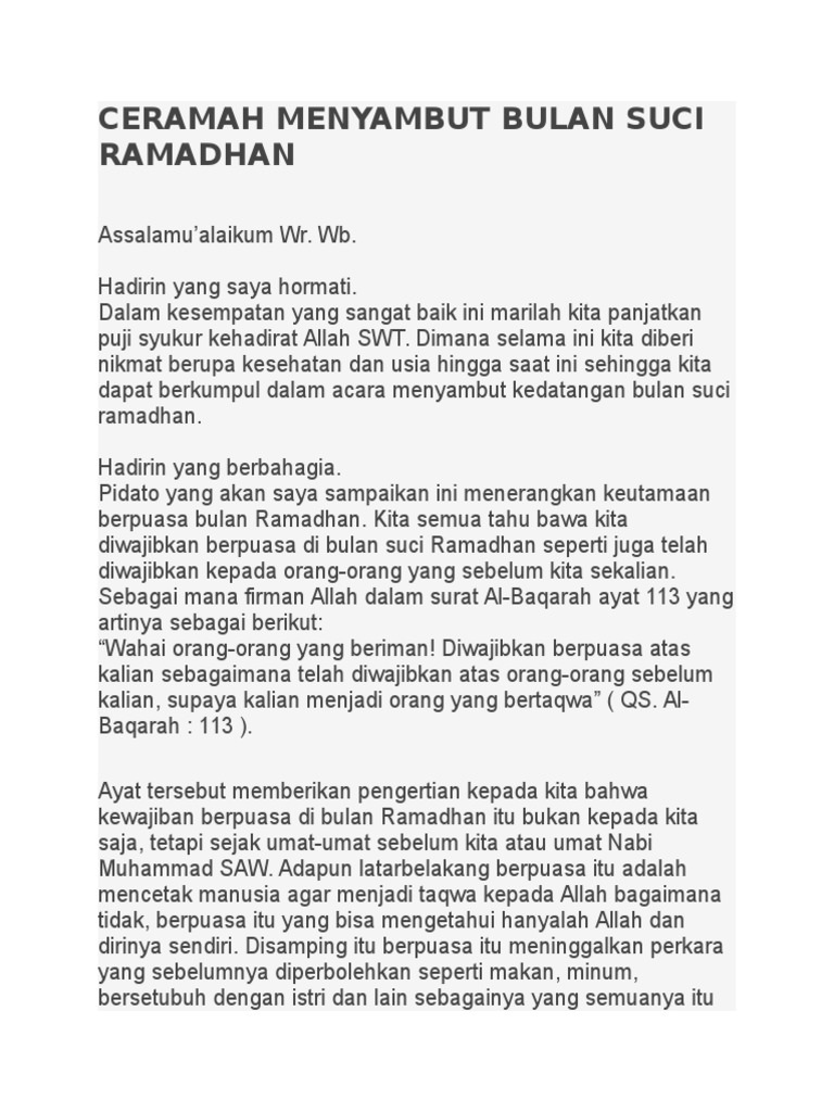 Ceramah Menyambut Bulan Suci Ramadhan Docx