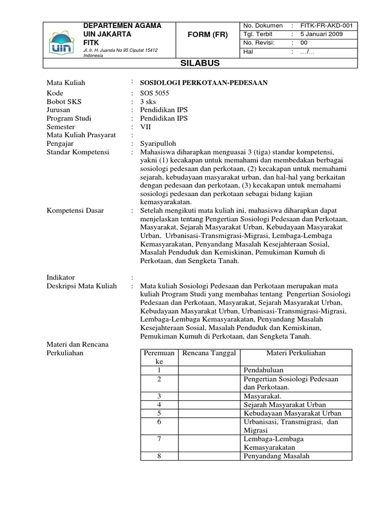 Silabus Sosiologi Pedesaan Dan Perkotaan 1