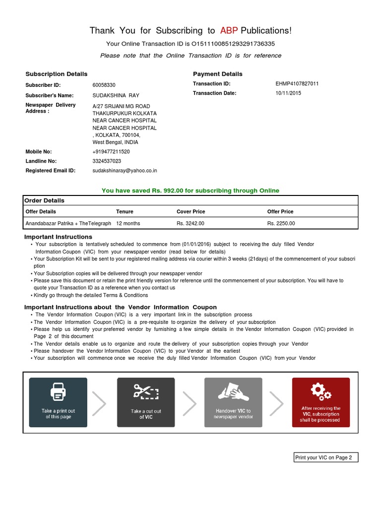 Subscription Confirmation and Vendor Information Coupon for Anandabazar