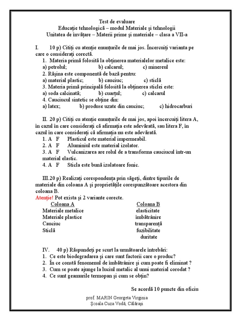 Test Materii Prime Vii
