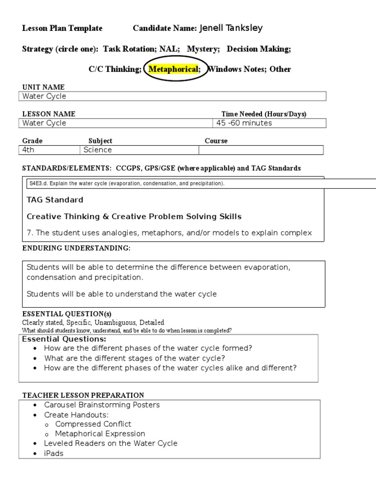 4th Grade Water Cycle Lesson Plan | PDF | Analogy | Educational Assessment