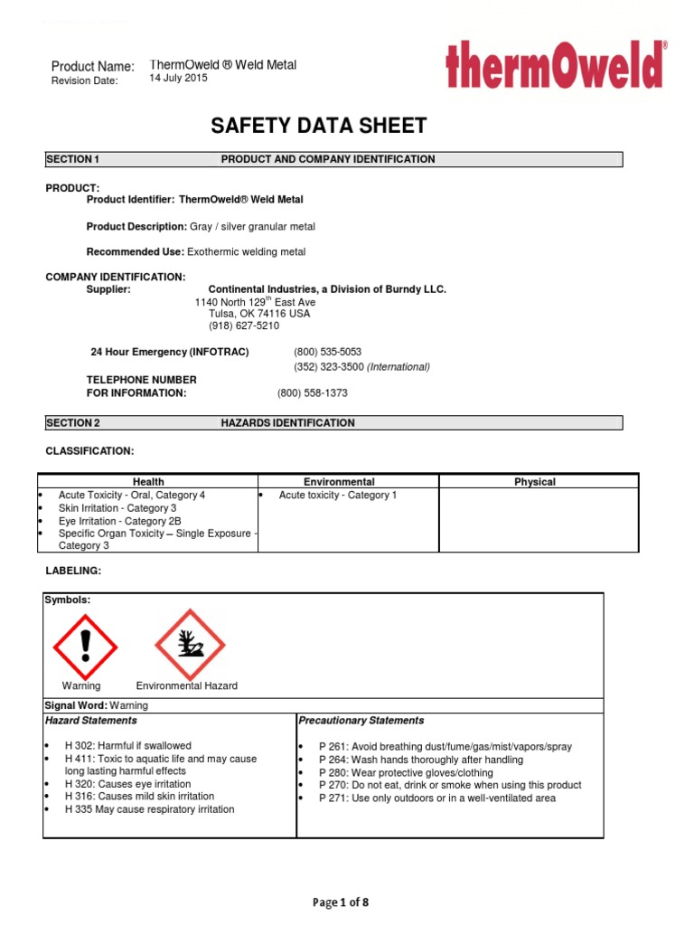 Msds Standard Weld Metal Domestic International PDF Dangerous Goods
