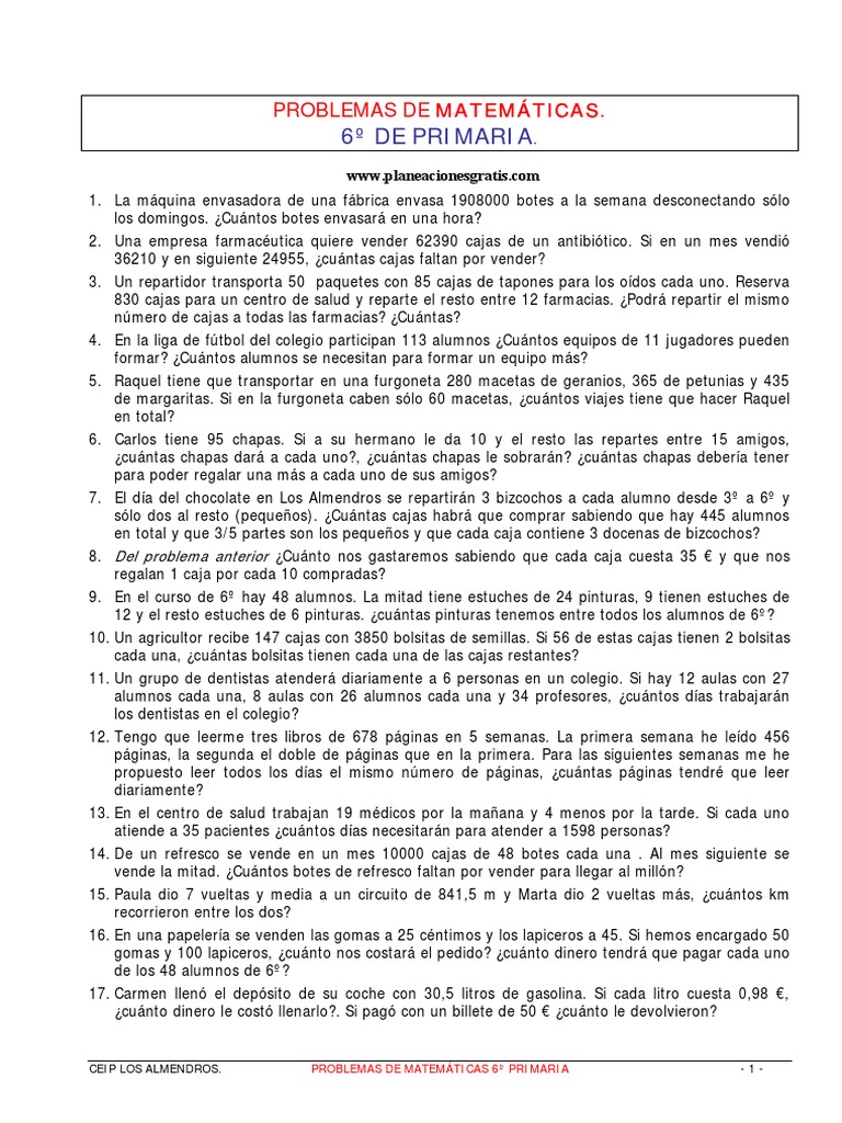 Problemario de Matematicas Sexto Grado PDF Euro Alimentos