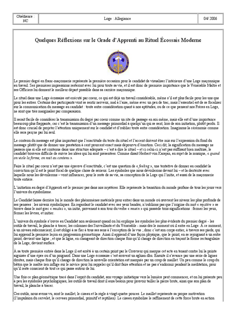 Rituel Saint Jean D Hiver Reaa Pdf Quelques Réflexions Sur Le Grade D'apprenti Au Rituel Écossais Moderne PDF  | PDF | Franc-maçonnerie | Symboles