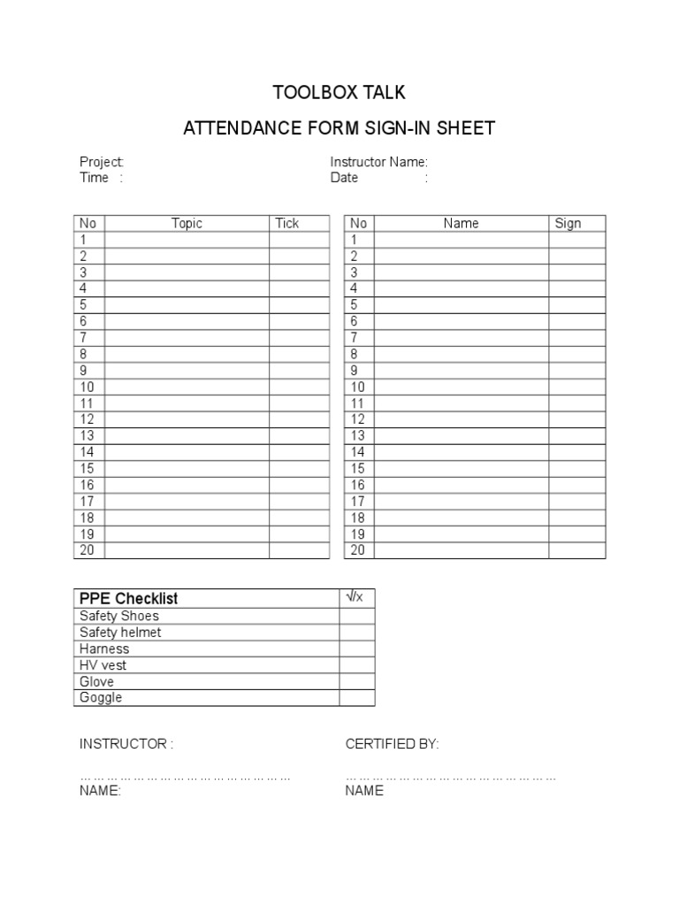 Toolbox Talk Attendance Form Sign In Sheet Ppe Checklist Pdf