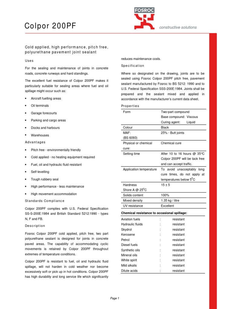 Colpor 200PF Joint Sealant Overview | PDF | Road Surface | Concrete