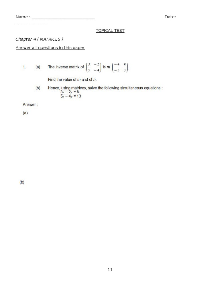 Chapter 4 (MATRICES) : Name: - Date: - Topical Test | PDF | Teaching ...