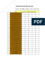 Attendance Record: June 2016: Std:F5 Sub: English Day:Sat Time: 2:00pm - 3:30pm CTR: BL Teacher: Soon KV