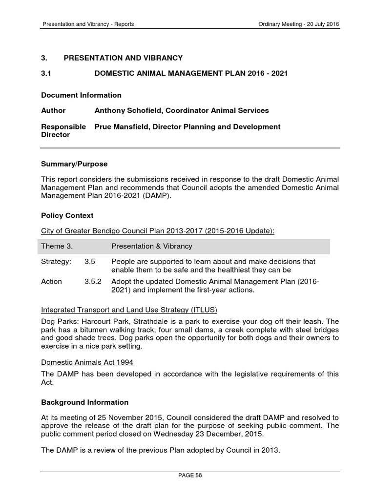 Draft domestic animal management plan 20162021 Cats Pet