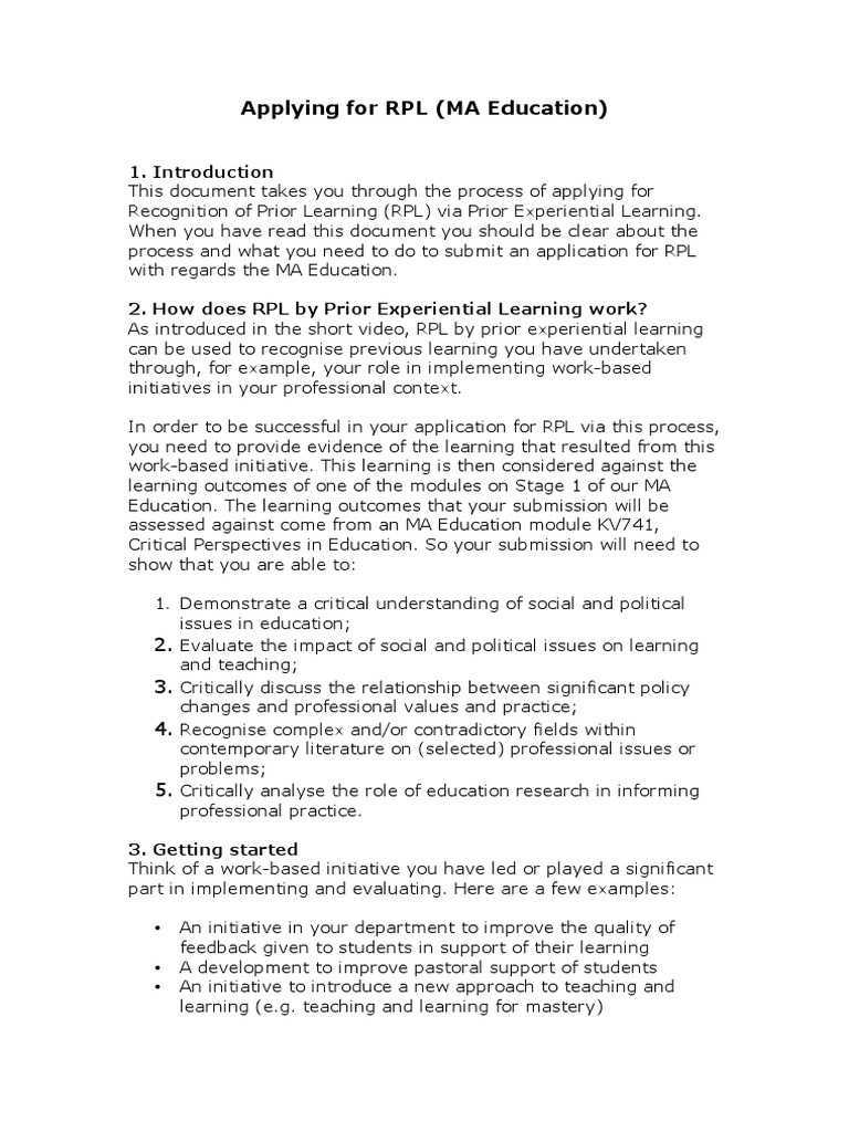 RPL Application Guide for MA Education | PDF | Applied Psychology ...
